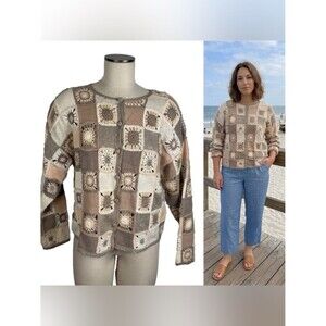 VTG Talbots Womens L Granny Square Cardigan Sweater Hand Knit Boho Hippie Retro
